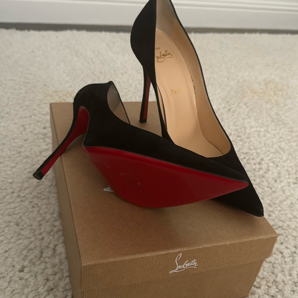 4 Inch Heel, Black Pointy Velour Louboutin Heels